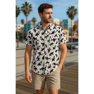 Adam Levine Shirt Men Medium Y2K White Black Shark Jaws Theme Coastal Resortwear